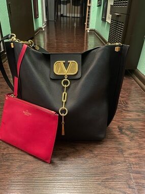 Valentino Black Leather Shoulder Bag with Red Pouch and Gold Hardware